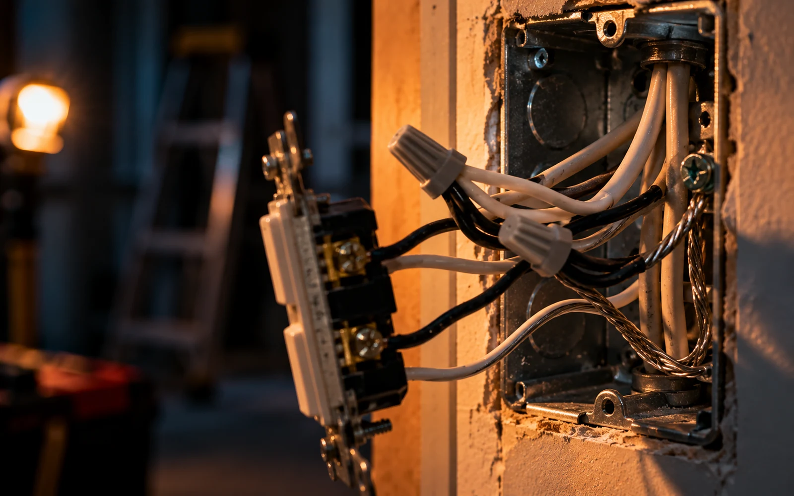 Close-up of exposed aluminium wiring at a junction box
