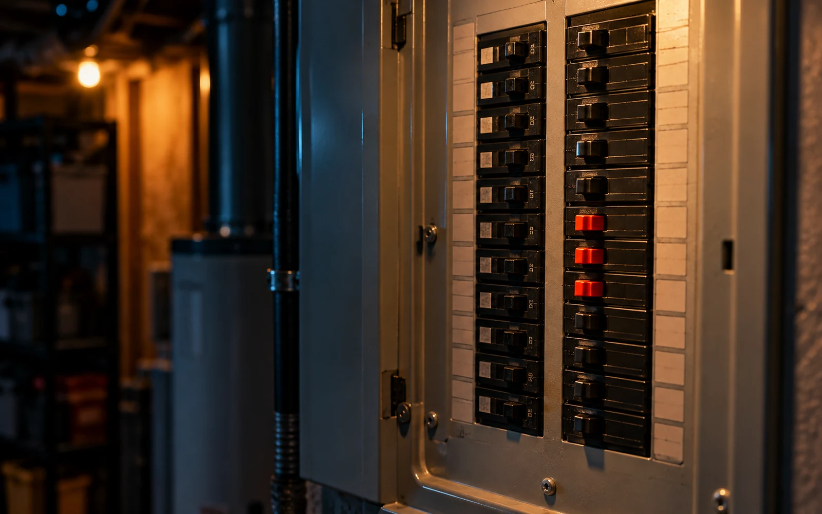 Close-up of an electrical panel with a row of breakers tripped