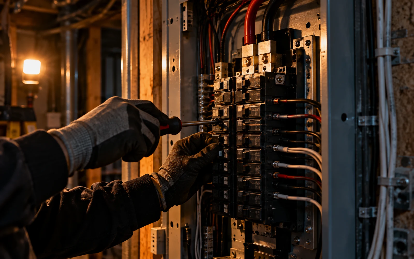 Open electrical panel mid-upgrade with new breakers