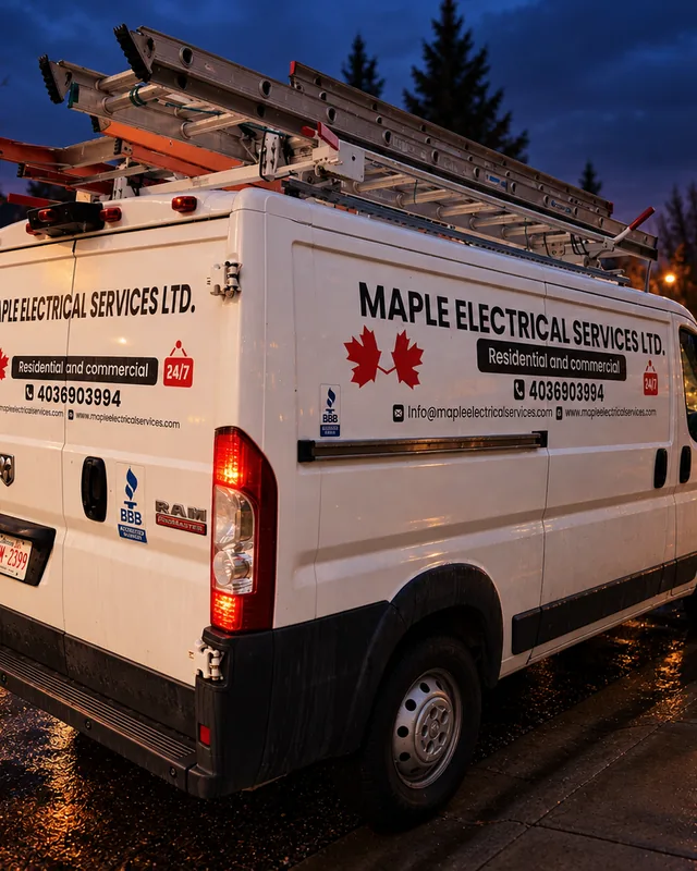 Maple Electrical Services branded service van at dusk with roof ladders