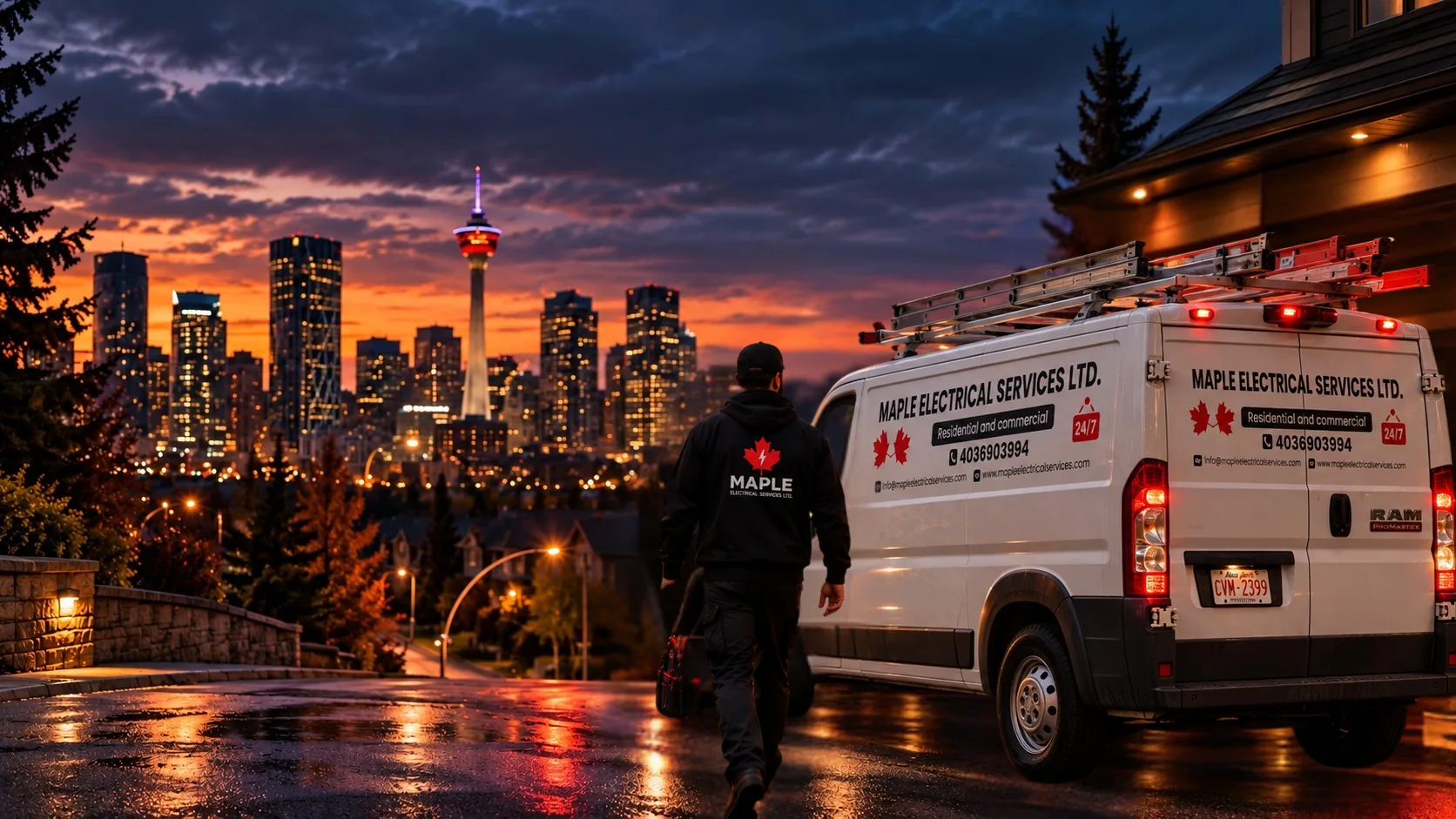 Maple Electrical Services crew van, Calgary, at dusk