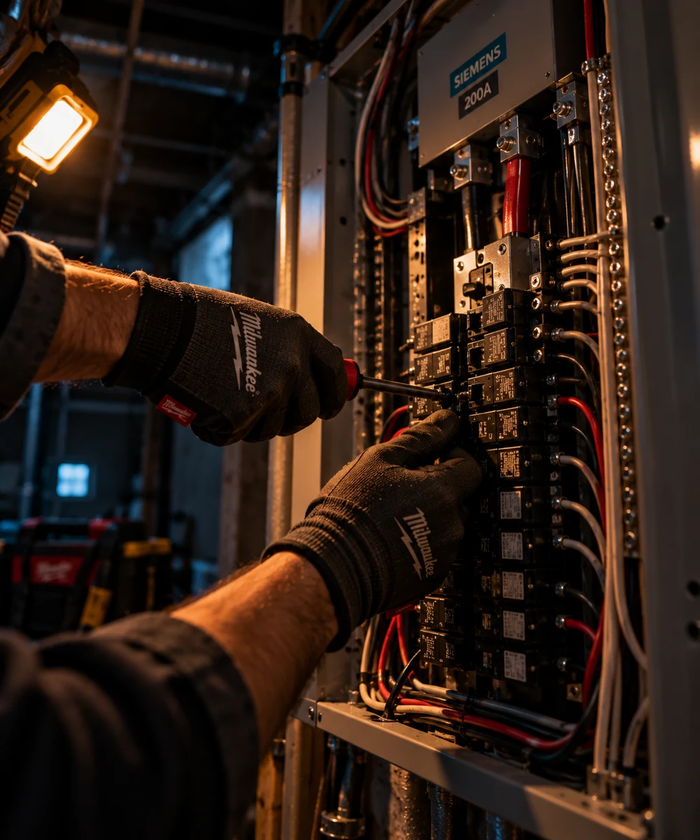 Electrician installing a breaker on an open panel during a panel upgrade